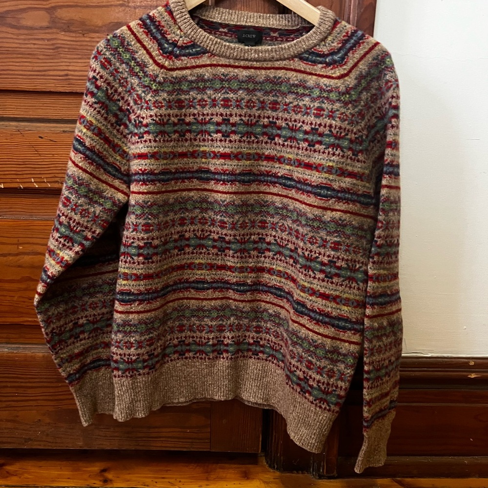 J. Crew Cozy Brown Crewneck Sweater with Fair Isle Pattern